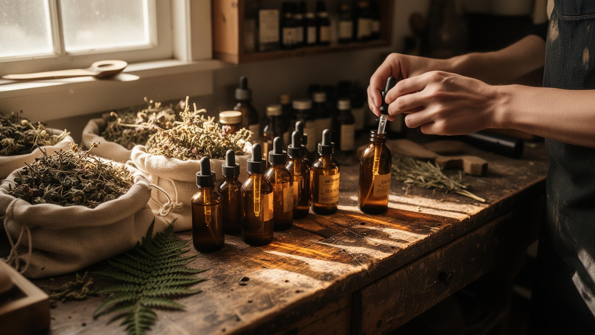 A herbalist hand-filling small amber tincture bottles on a wooden workbench beside linen pouches of dried botanicals in our Grass Valley apothecary