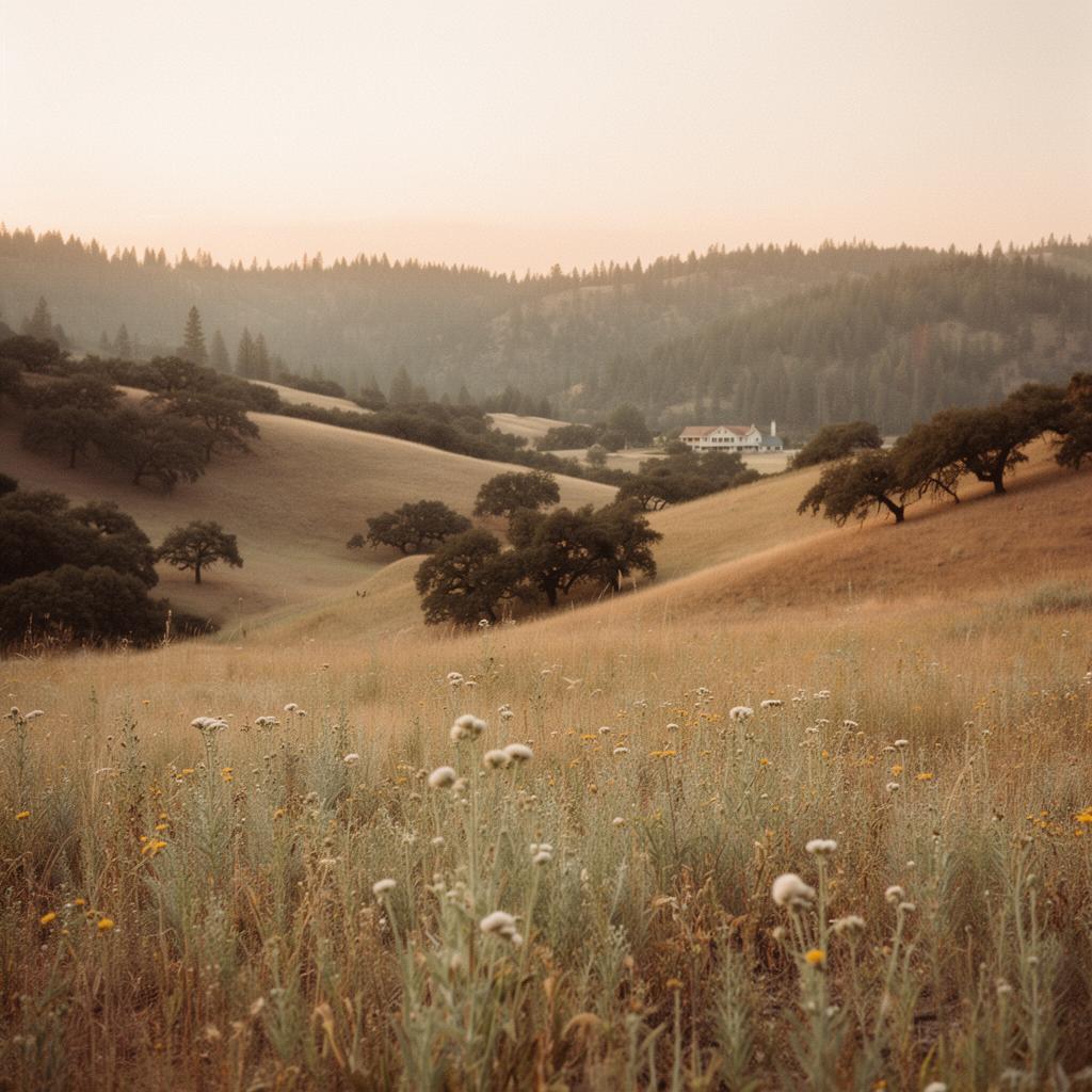Golden-hour view of the Sierra Nevada foothills around Grass Valley, California — oak savanna, wild yarrow, and distant pine forest