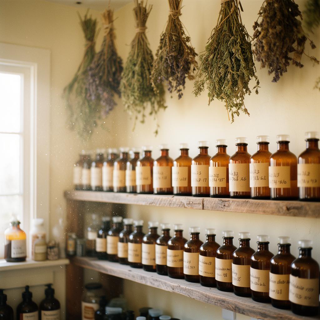 Hand-labeled amber tincture bottles cold-macerating on weathered wood shelves beneath bundles of hanging dried herbs in our Grass Valley apothecary