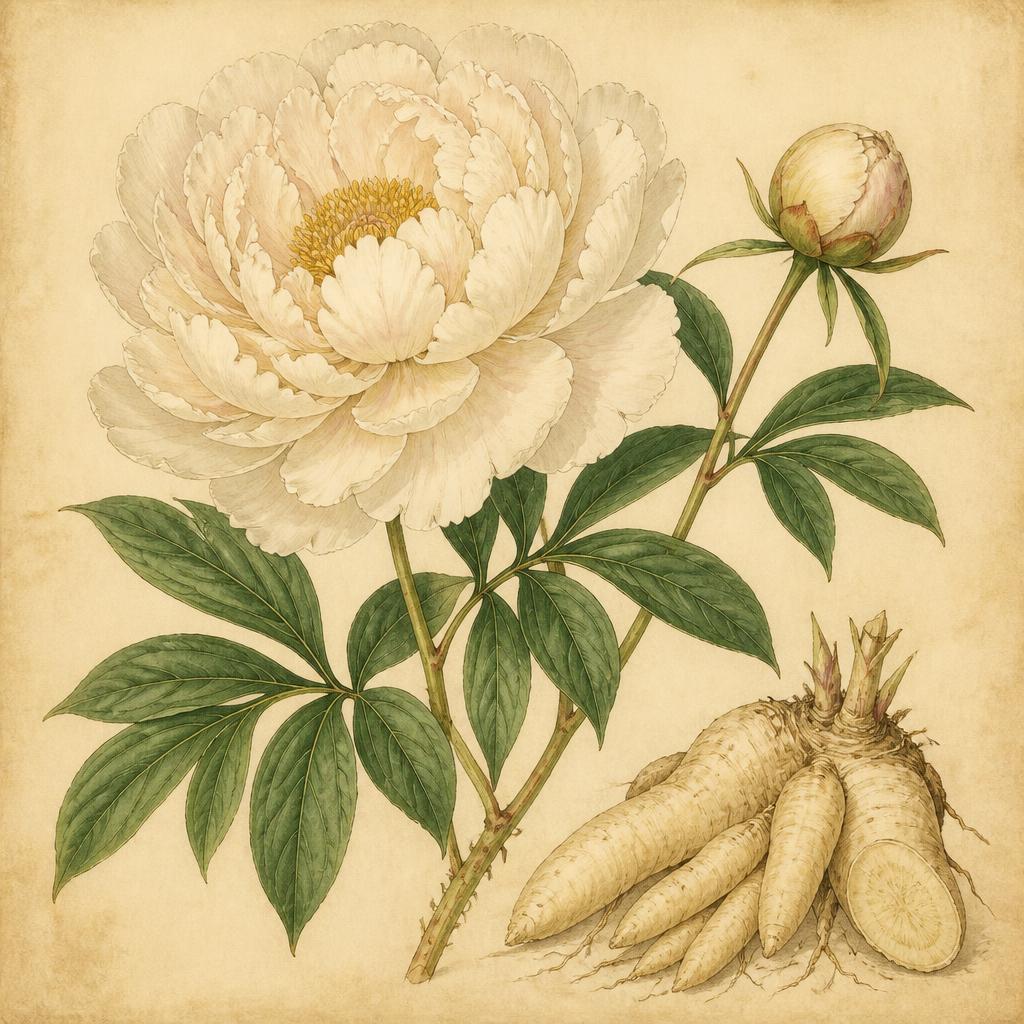 Chinese Peony Root (Paeonia lactiflora) — botanical illustration