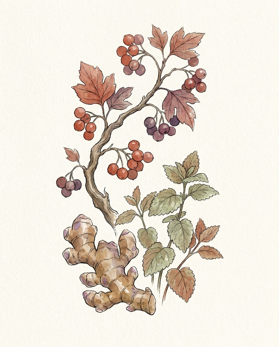 Botanical illustration of Crampy's key herbs