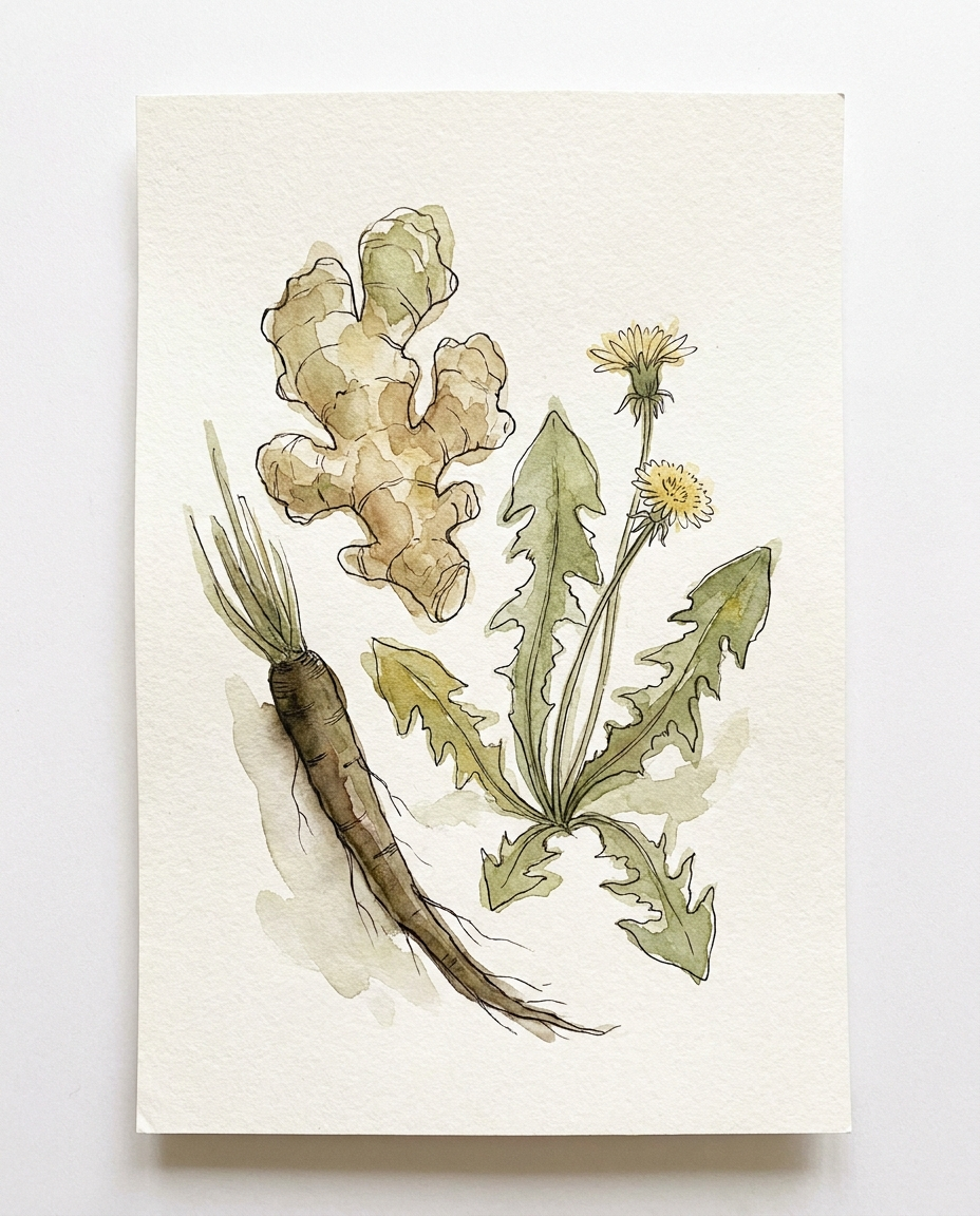 Botanical illustration of Gutsy's key herbs