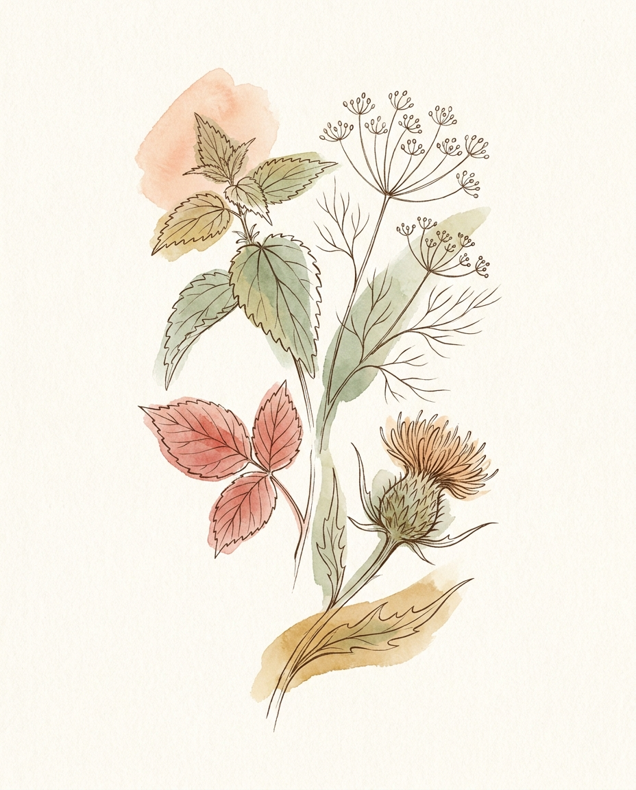 Botanical illustration of Mama's key herbs